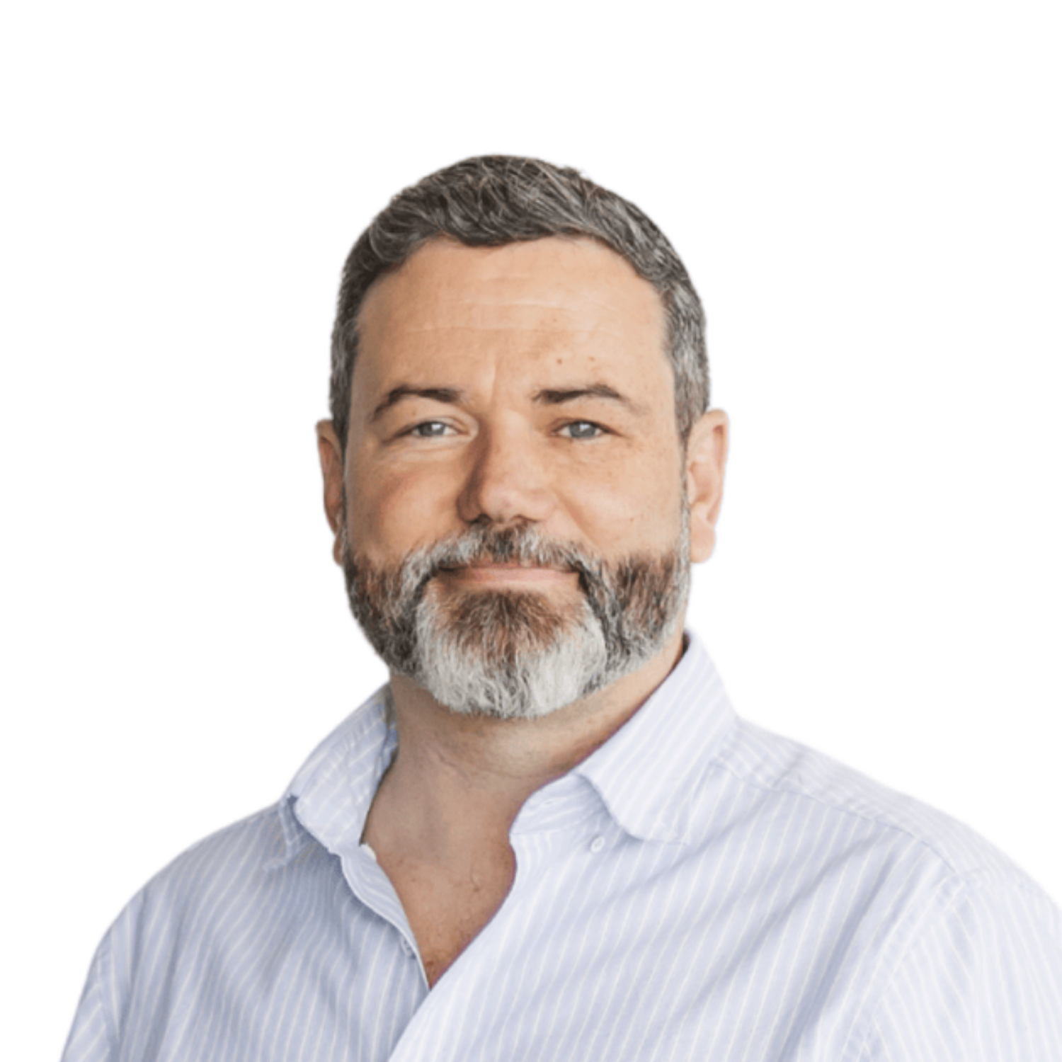 Head-and-shoulders portrait of a smiling middle-aged man with gray beard wearing a light blue striped shirt against a white background.