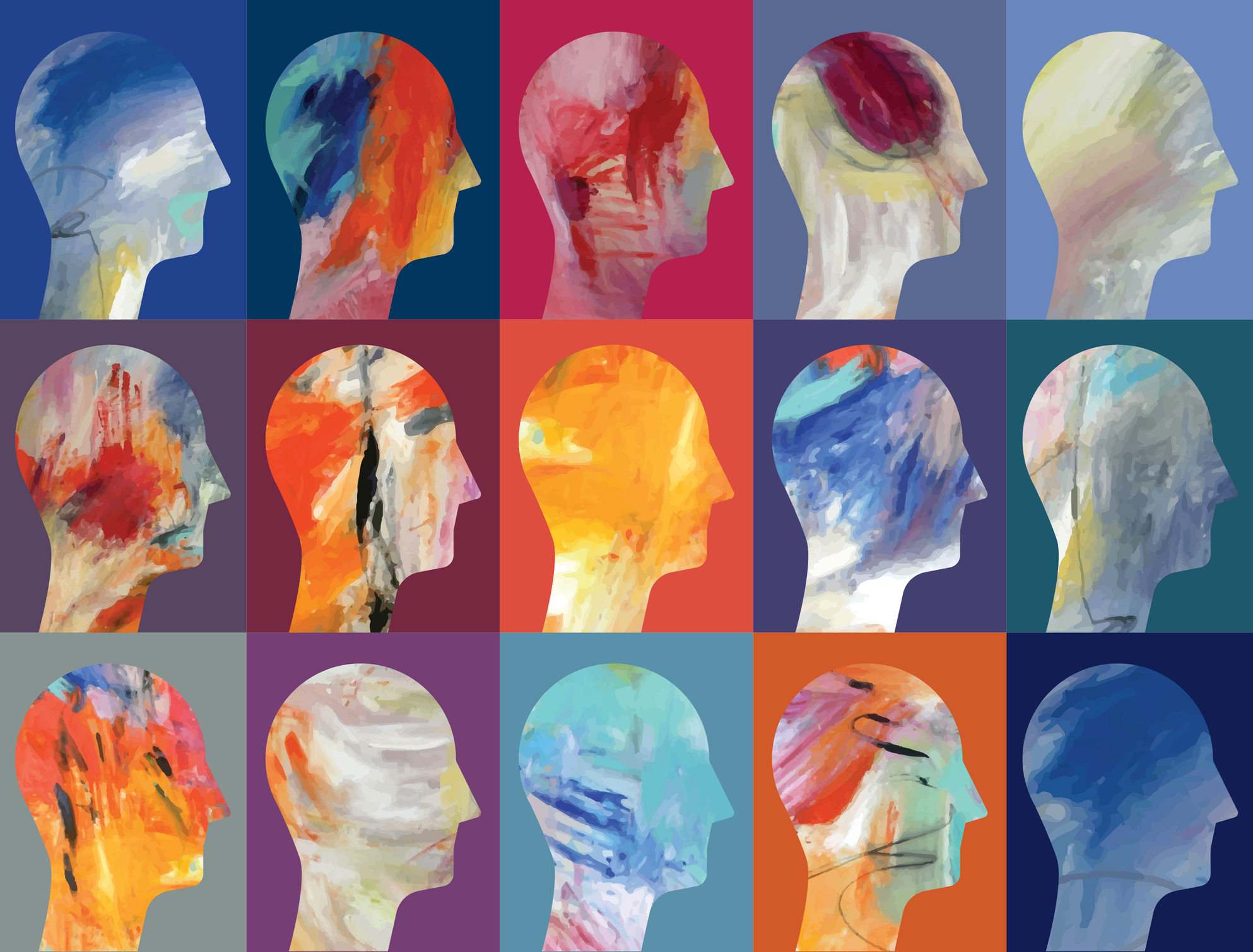 Grid of abstract, painterly side-profile head silhouettes on colorful blocks; a colorful, artistic portrait grid.