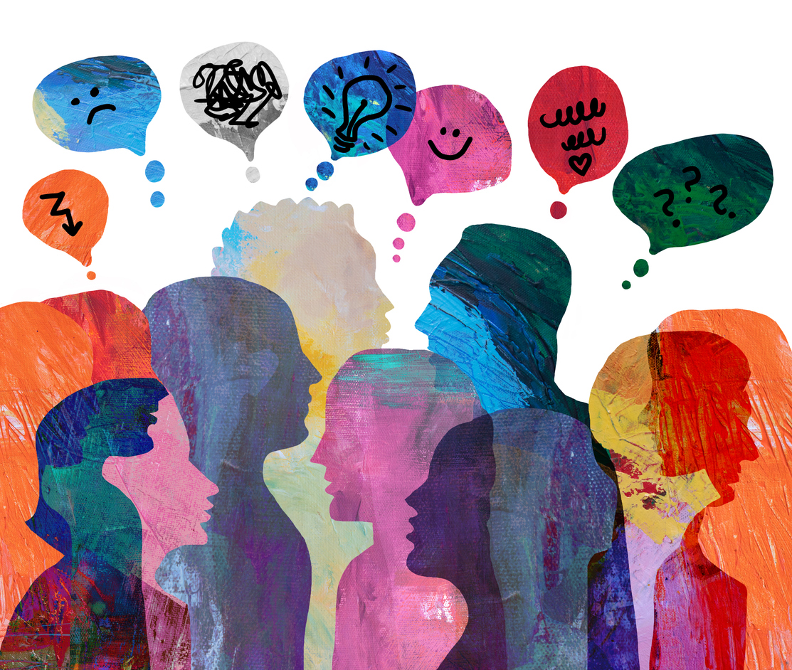 Colorful silhouettes of people in discussion with thought bubbles representing ideas, questions, and creativity (brainstorming scene).