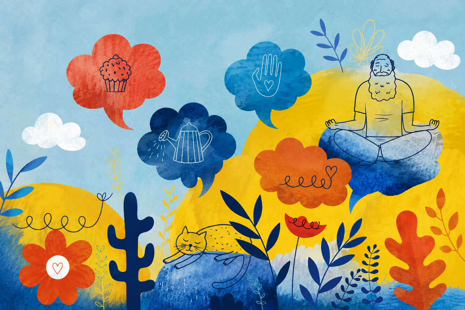 Whimsical scene of a bearded person meditating on a blue rock amid a yellow hill, with a sleeping cat and colorful speech bubbles containing a cupcake, a heart hand, and a watering can.