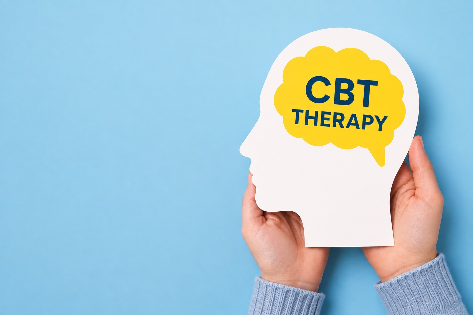 Cutout of a head silhouette with a yellow speech bubble reading 'CBT THERAPY' being held by hands against a blue background.