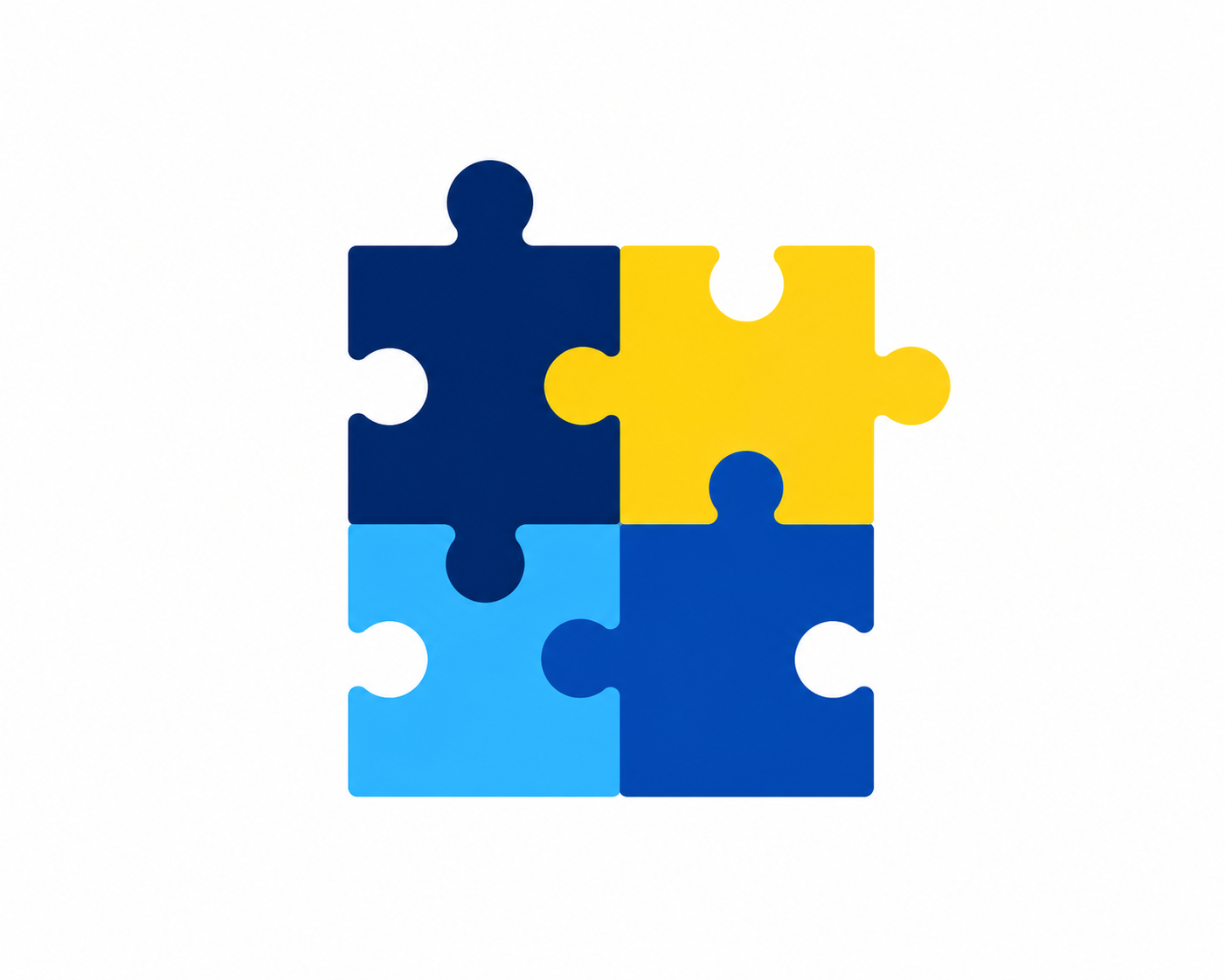 Four interlocking puzzle pieces form a square in blue, light blue, and yellow.