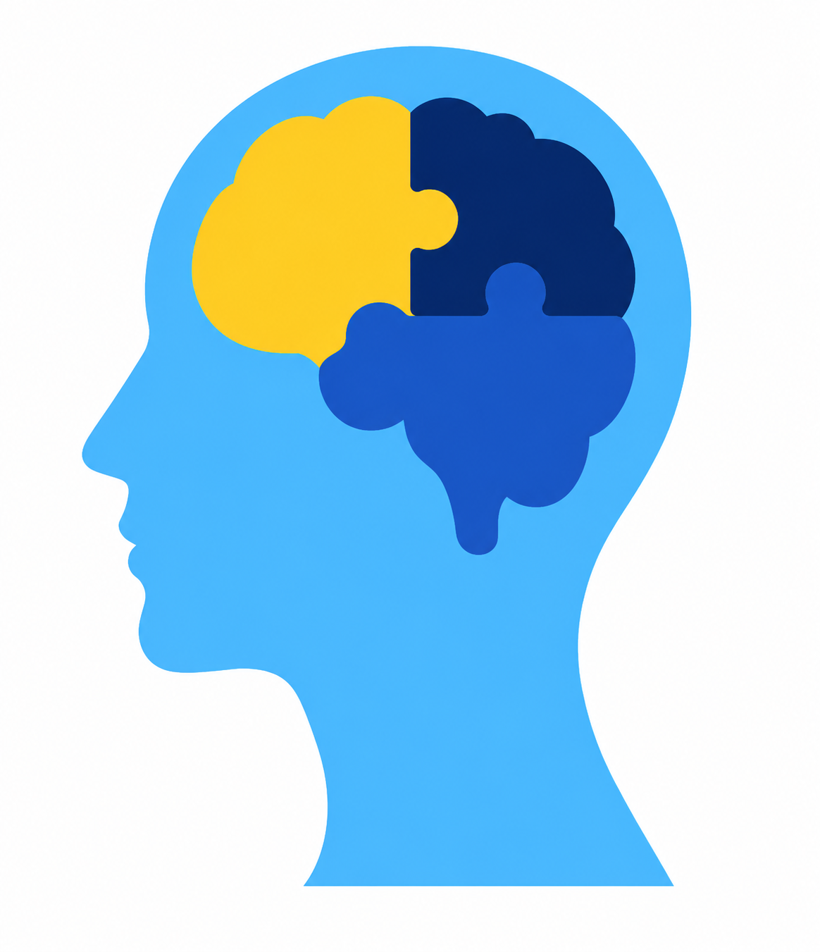 Profile silhouette of a head with a yellow and blue puzzle-brain inside, symbolizing cognitive science or brain health.