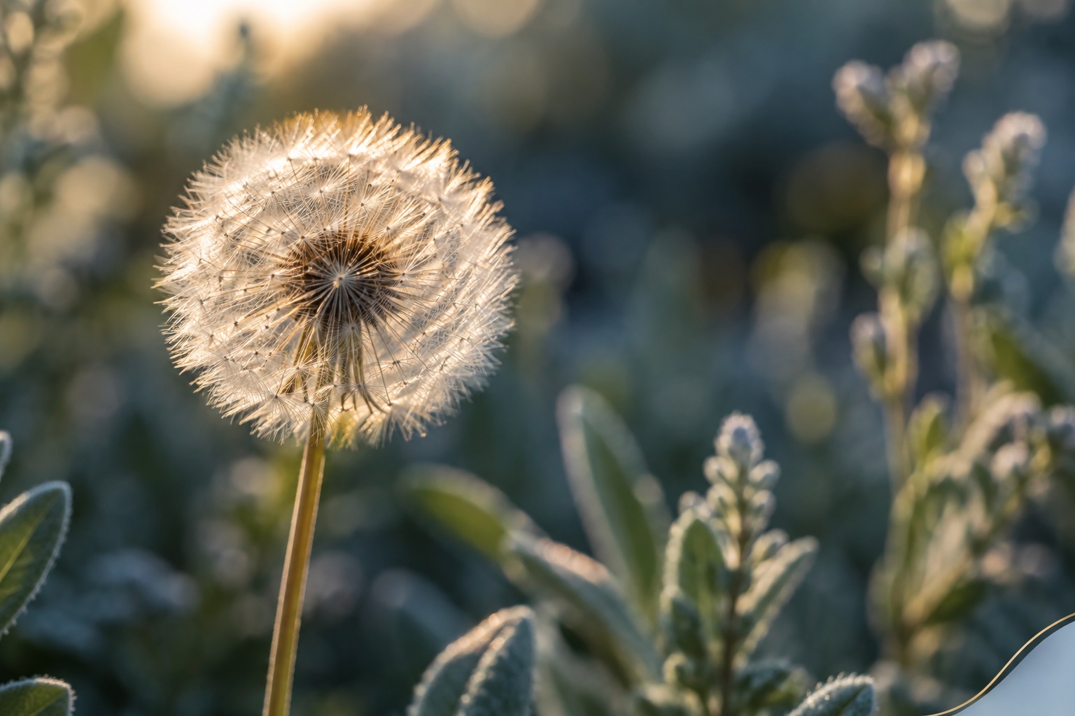 A delicate dandelion seed head catching golden light