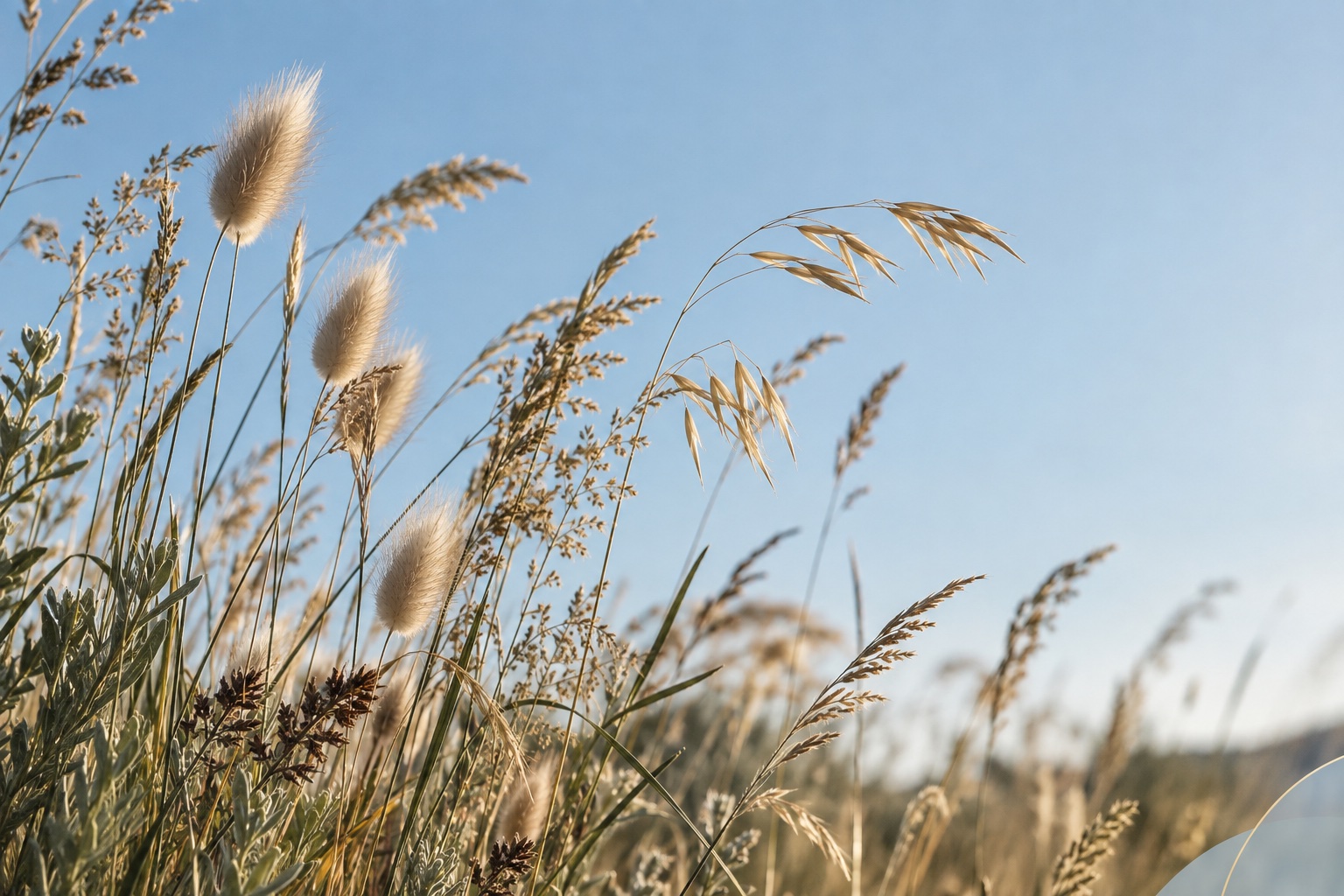 Varied golden grasses against a soft blue sky