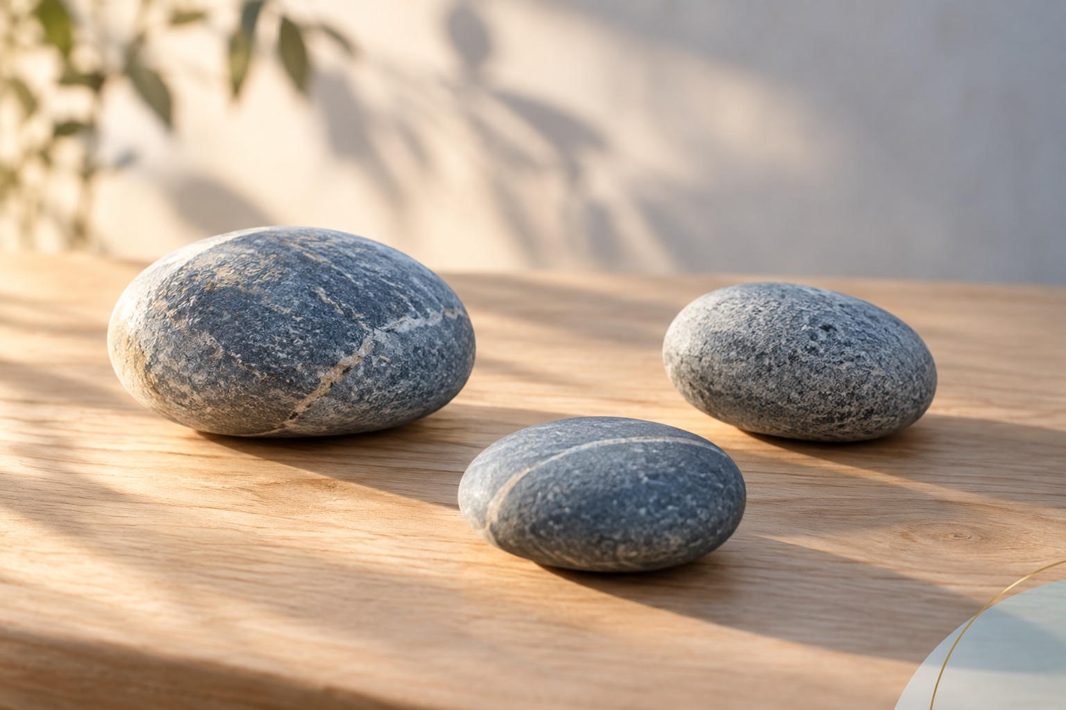 Blue-grey stones resting on warm timber in soft light