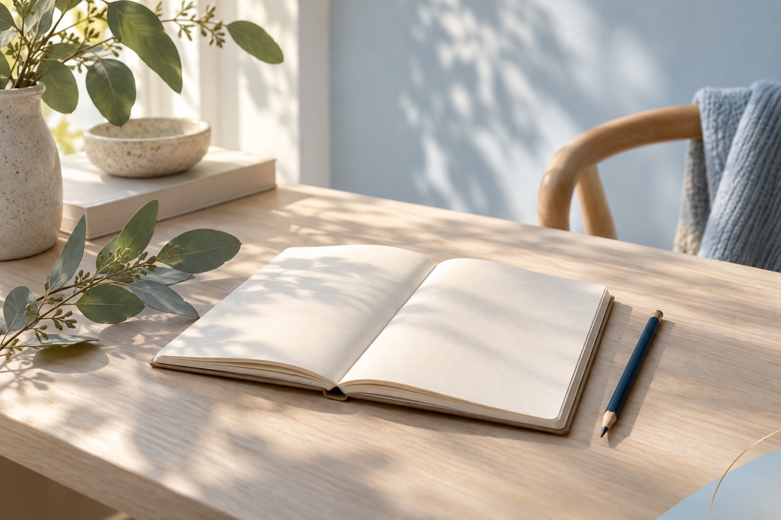 An open blank journal and navy pencil in soft natural light