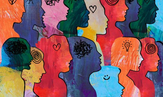 Colorful overlapping silhouettes of people facing different directions with doodles in their heads, symbolizing diverse thoughts and creativity.